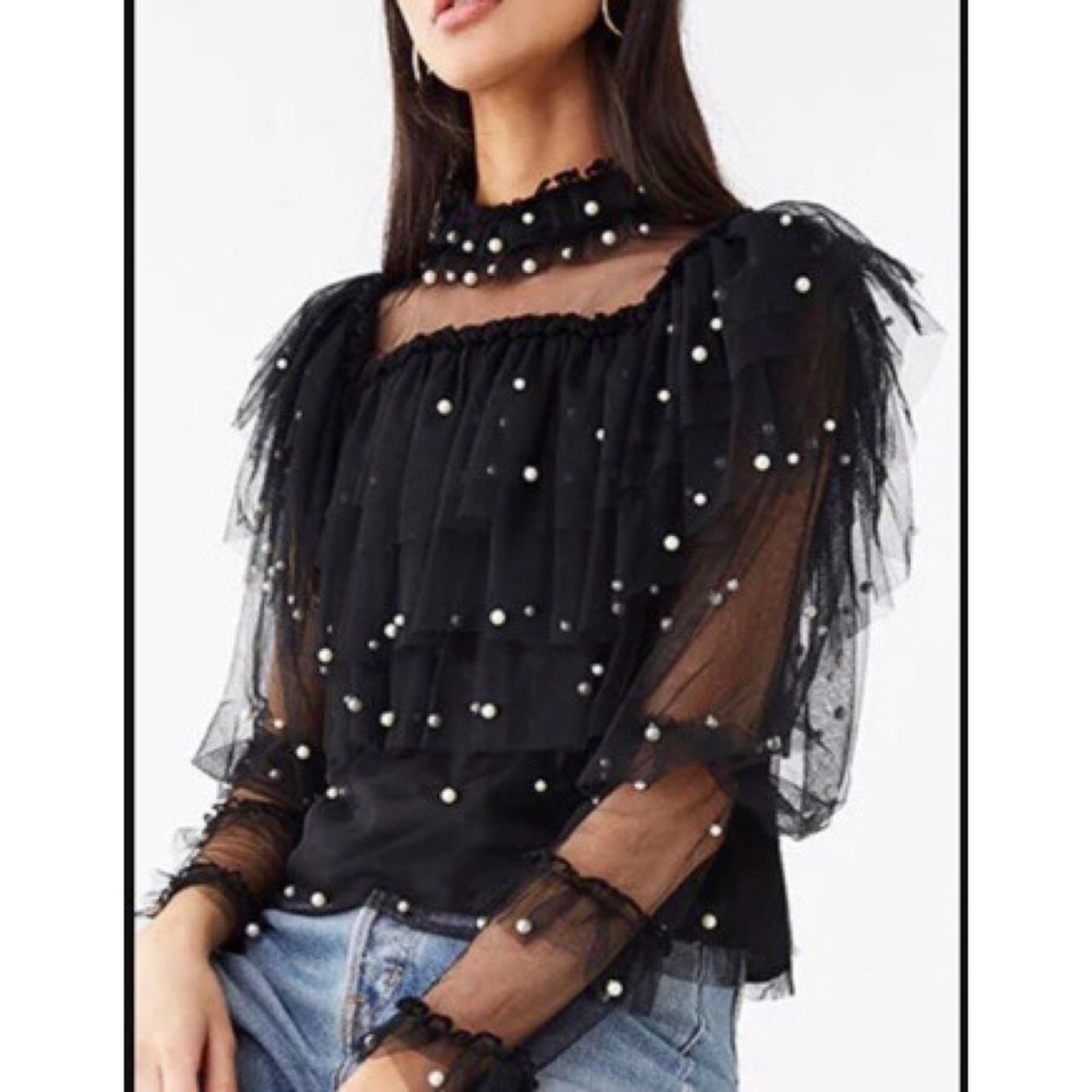 Faux Pearl Tiered Mesh Top - Size S